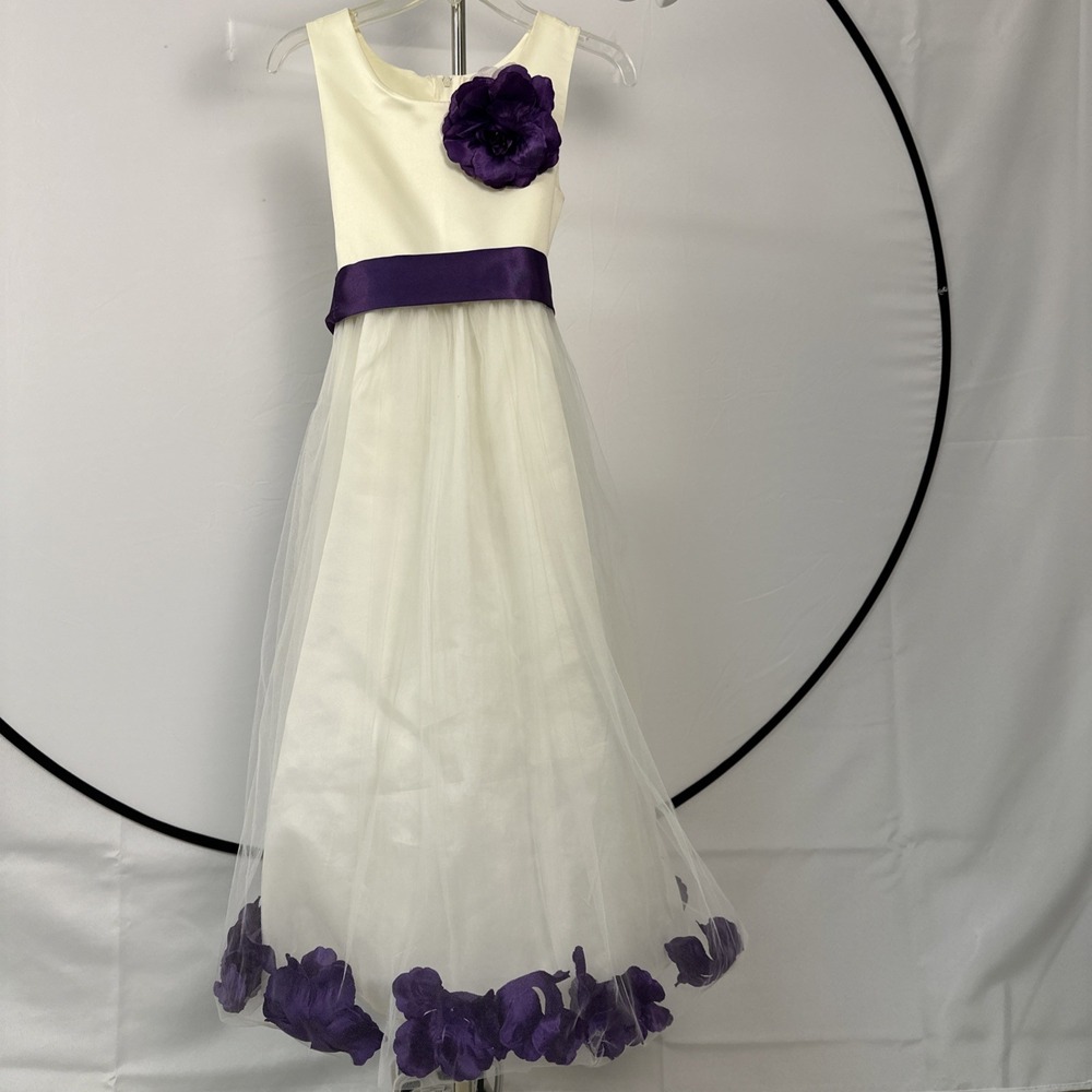 Flower Girl Dress Sz 10 Ivory Purple Petals